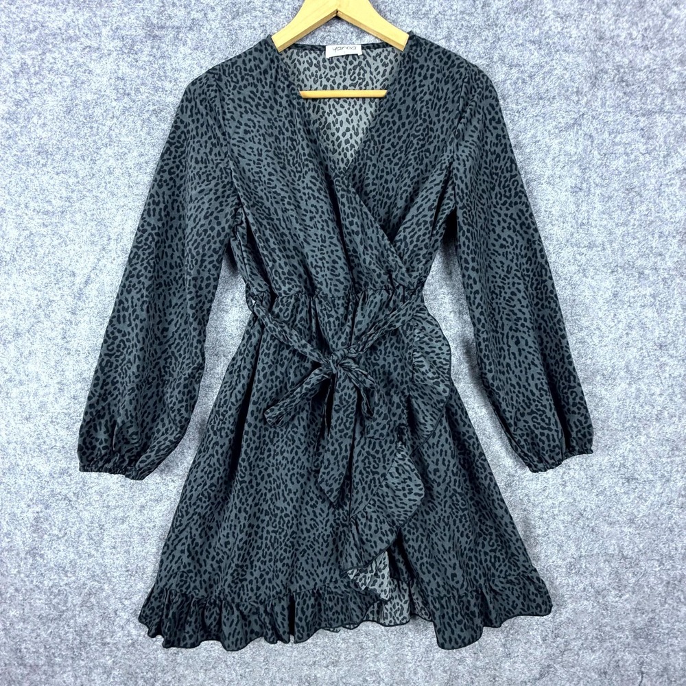 Yanga Wrap Dress Womens Small Black Gray Leopard Pleated Ruffled Hem Tie Waist